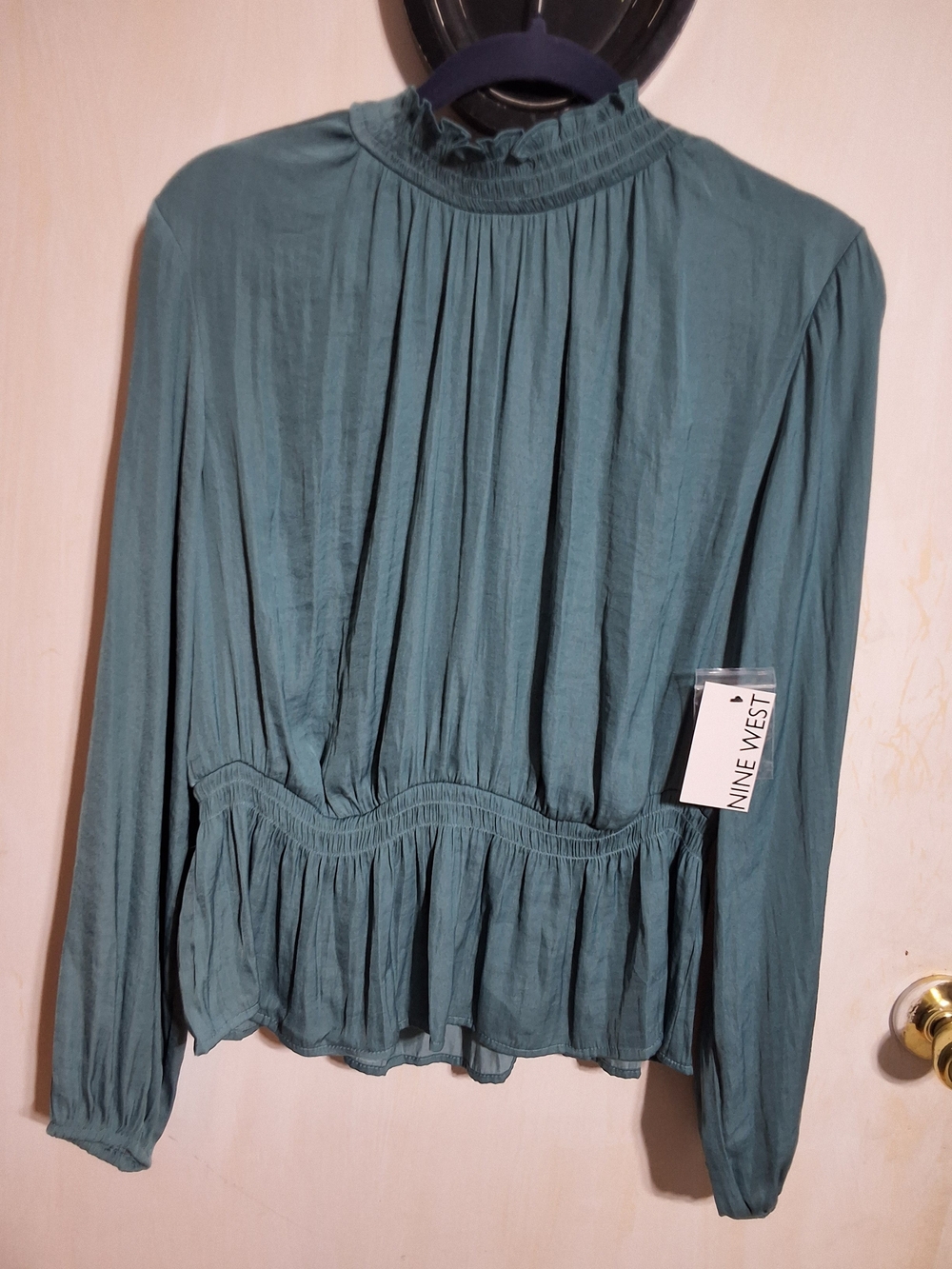 Nine West Teal Long-Sleeve Ruffle Peplum Blouse